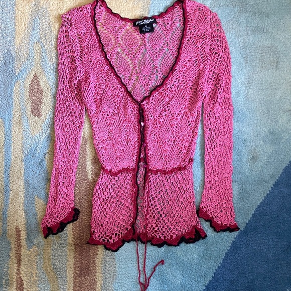 Betsey Johnson Sweaters - Vintage Betsey Johnson Pink Crochet Top with Black Accents